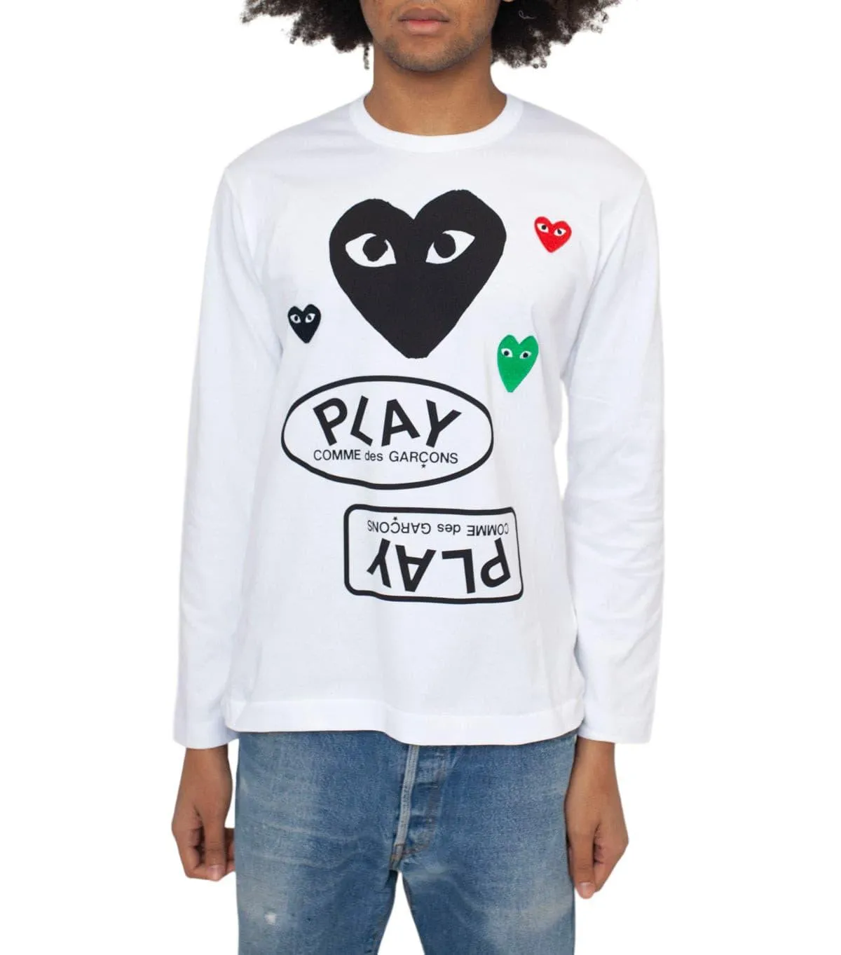 CdG PLAY Multiple Logo Long Sleeve T-Shirt White Black