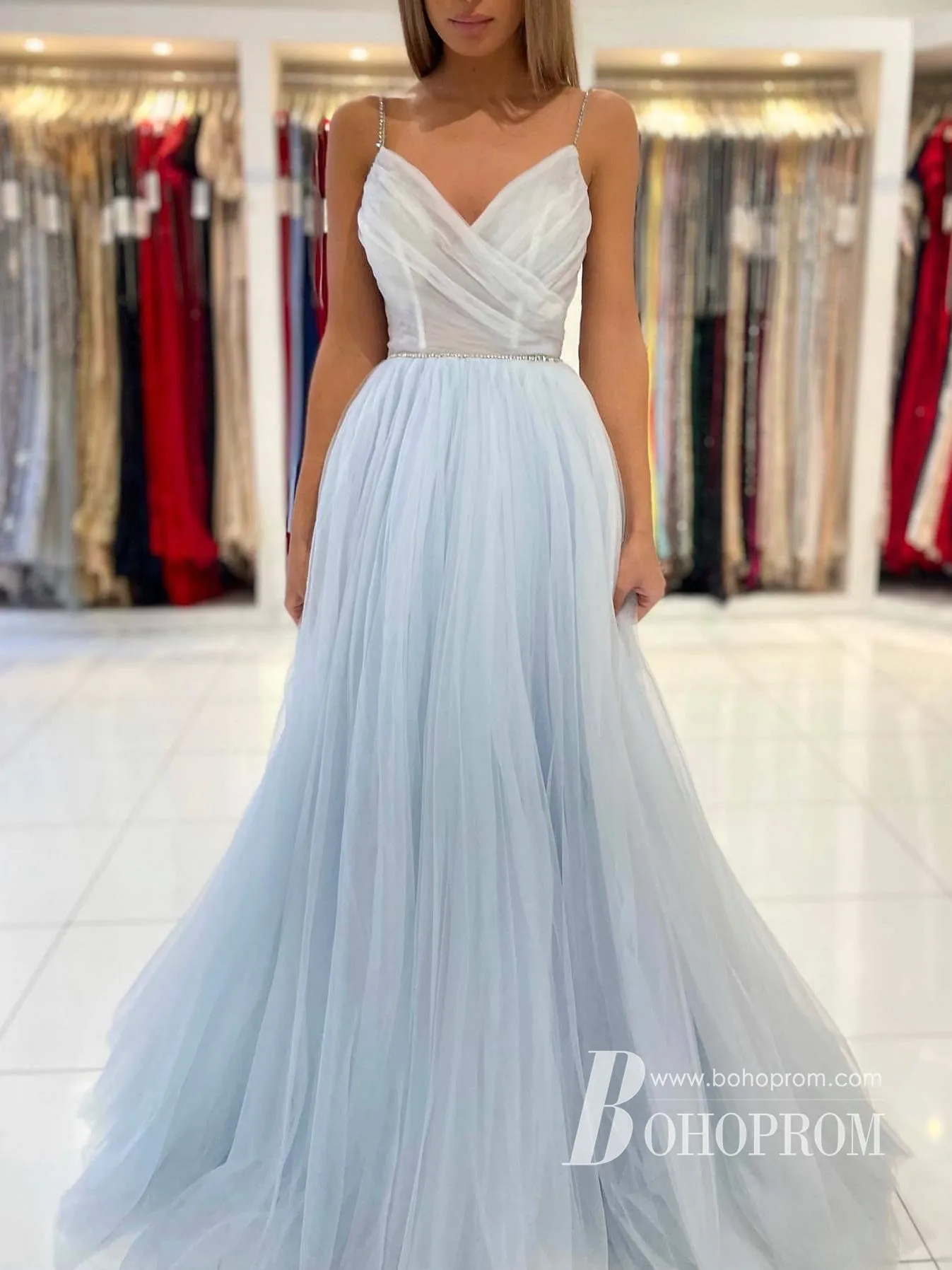 Charming A-line Spaghetti Strap Backless Tulle Long Prom Dresses With Rhine Stones PD788