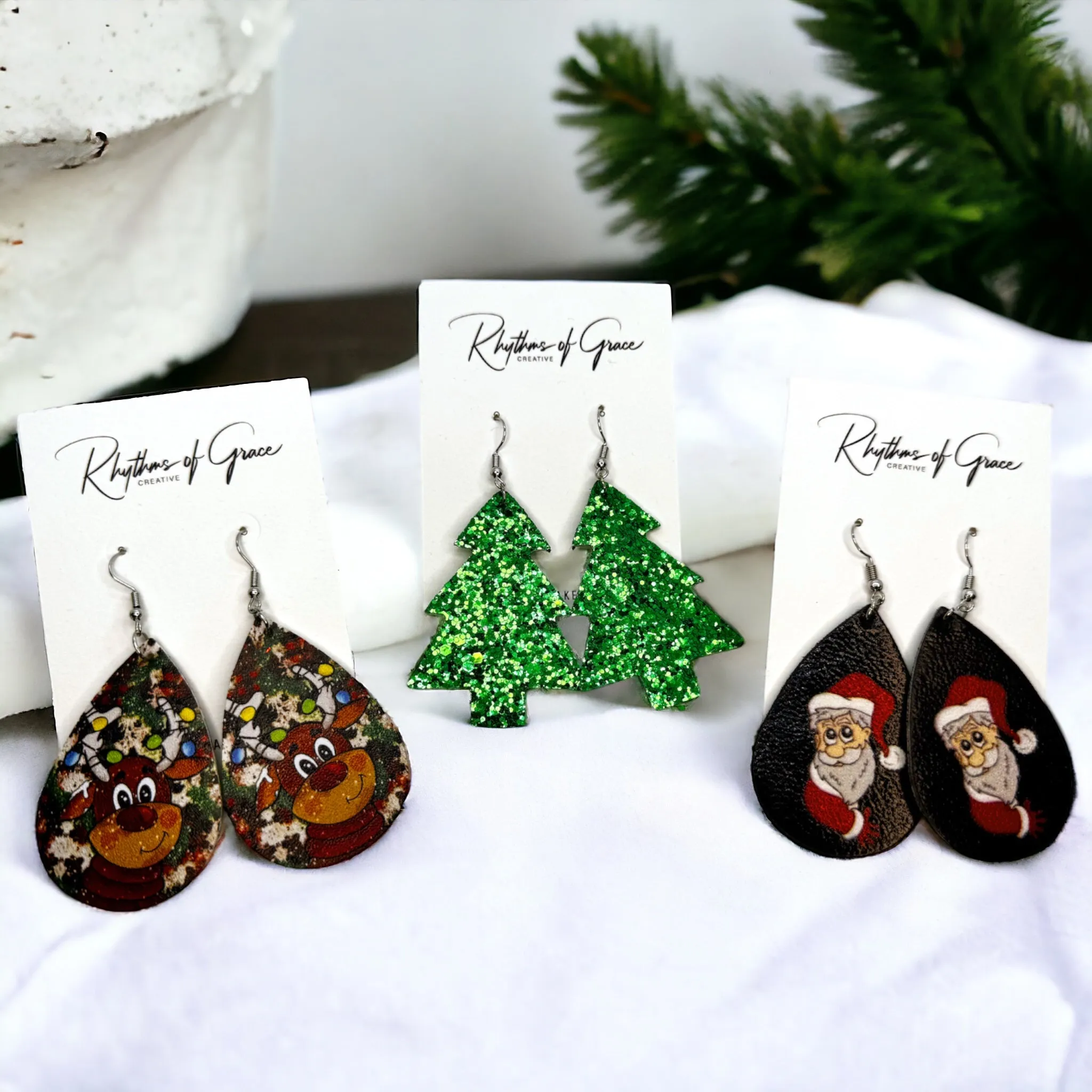 Christmas Earrings - Christmas Tree Earrings, Santa Costume, Christmas Jewelry, Handmade Earrings, Rudolph the Red Nosed Reindeer, Santa Claus