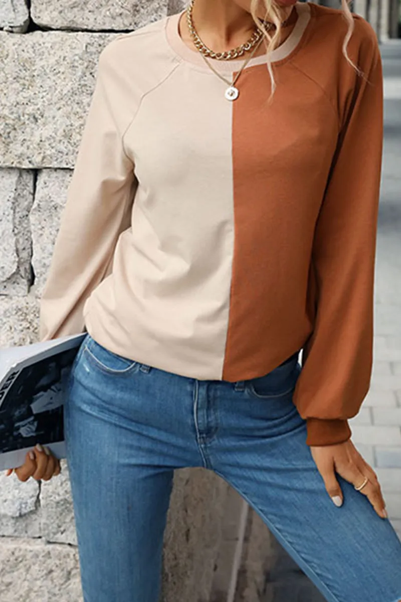 COLOR BLOCK ROUND NECK CASUAL TOP