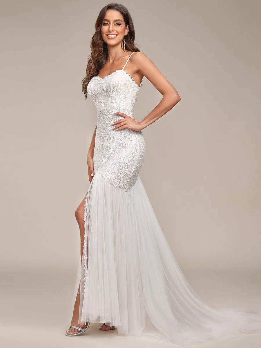 Custom Size Floral Spaghetti Strap Lace Backless Long Mermaid Wedding Dress