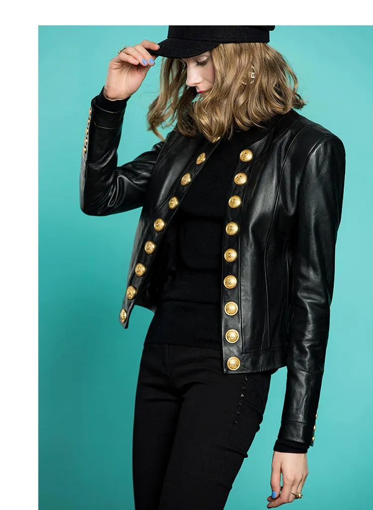 Double Breasted Leather Jacket with Metal Buttons, Soft Real Leather and Round Neck