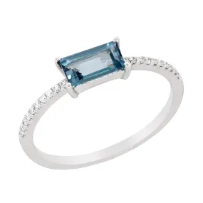 EMERALD CUT BLUE TOPAZ AND DIAMOND RING, .08 CT TW