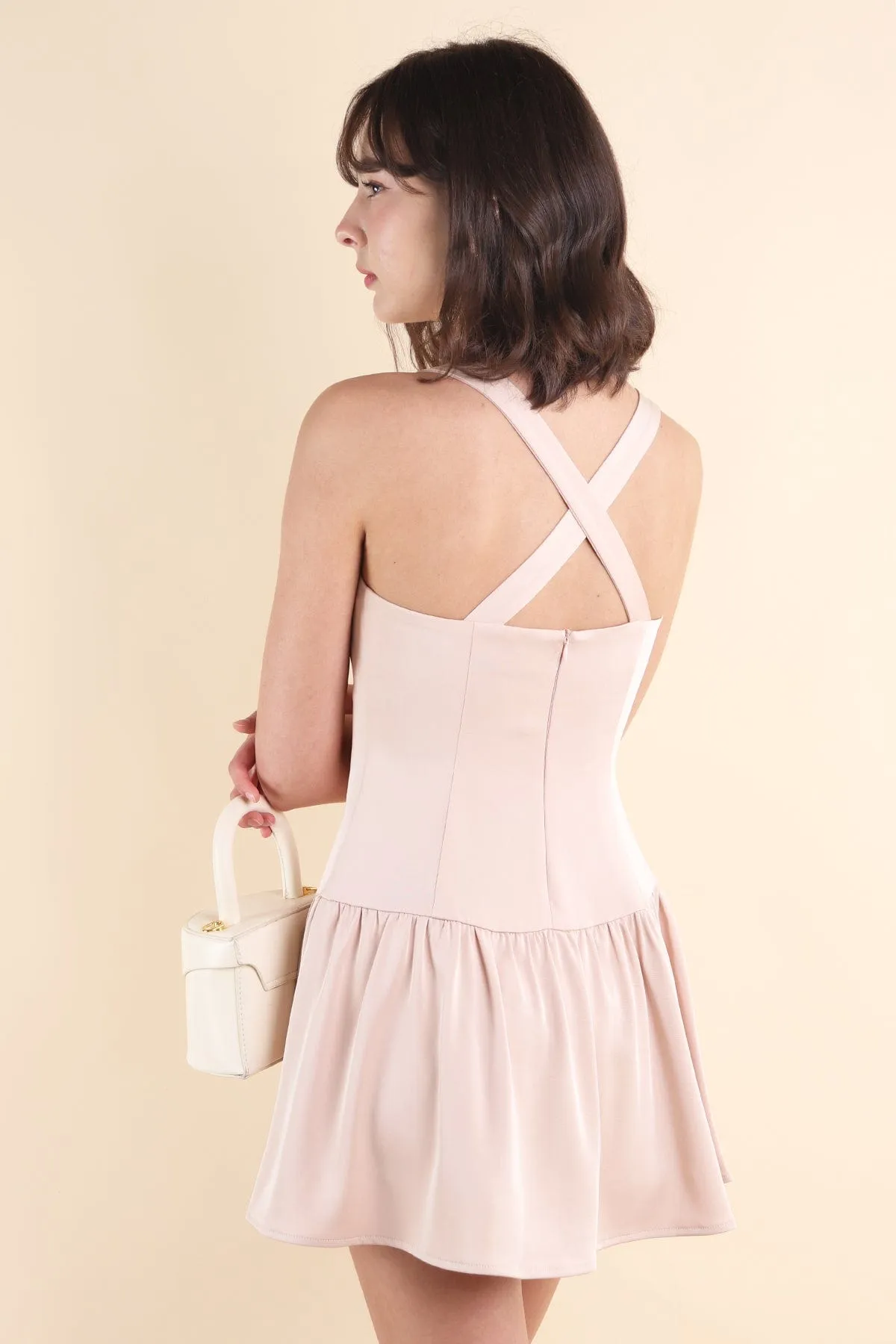 EMMY X BACK DRESS IN CHAMPAGNE PINK