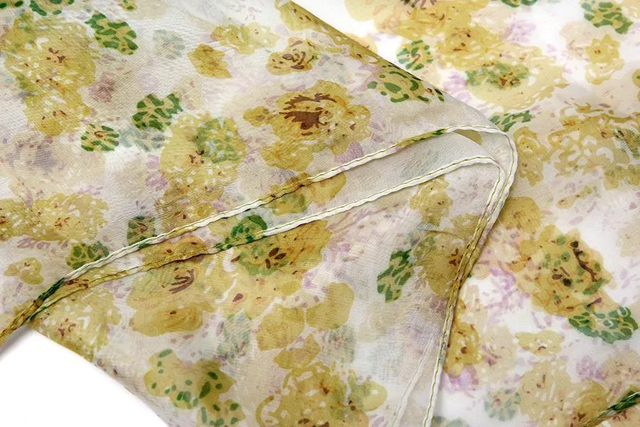 Extra Long Extra Wide Chiffon Scarf/Shawl Green and Yellow Floral Print CHD203