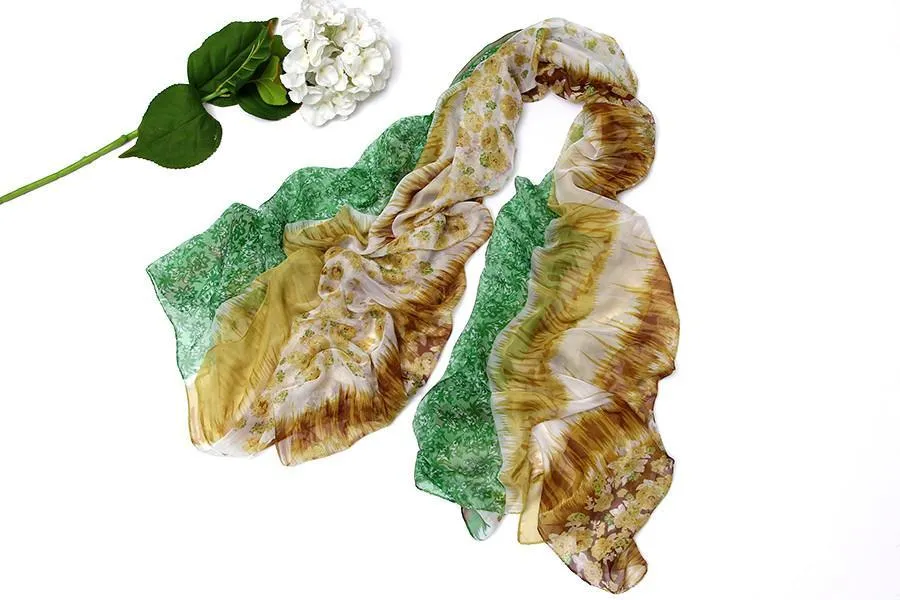 Extra Long Extra Wide Chiffon Scarf/Shawl Green and Yellow Floral Print CHD203