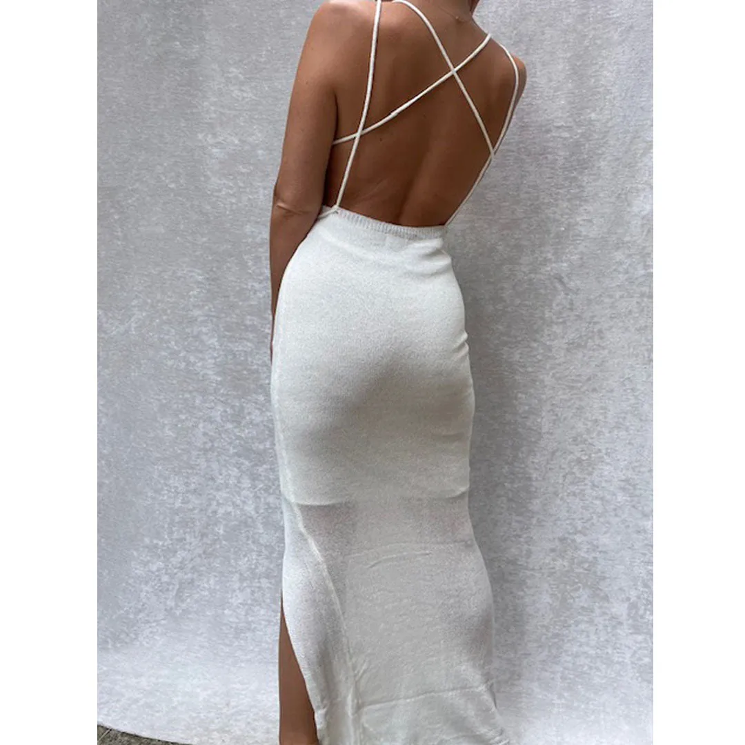 GALINA Ivory Knit Bodycon Backless Maxi Dress