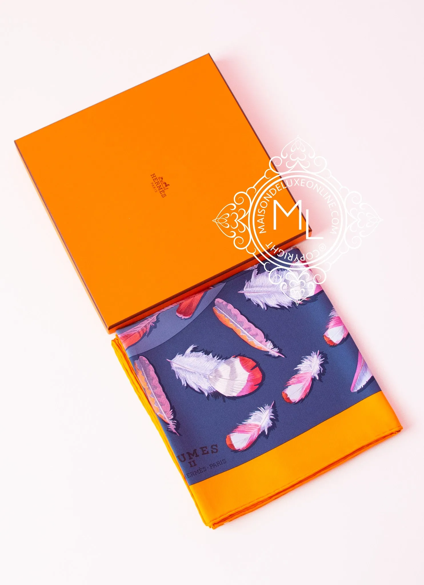 Hermes Gray Orange Twill Silk 90 cm The Plumes II Scarf