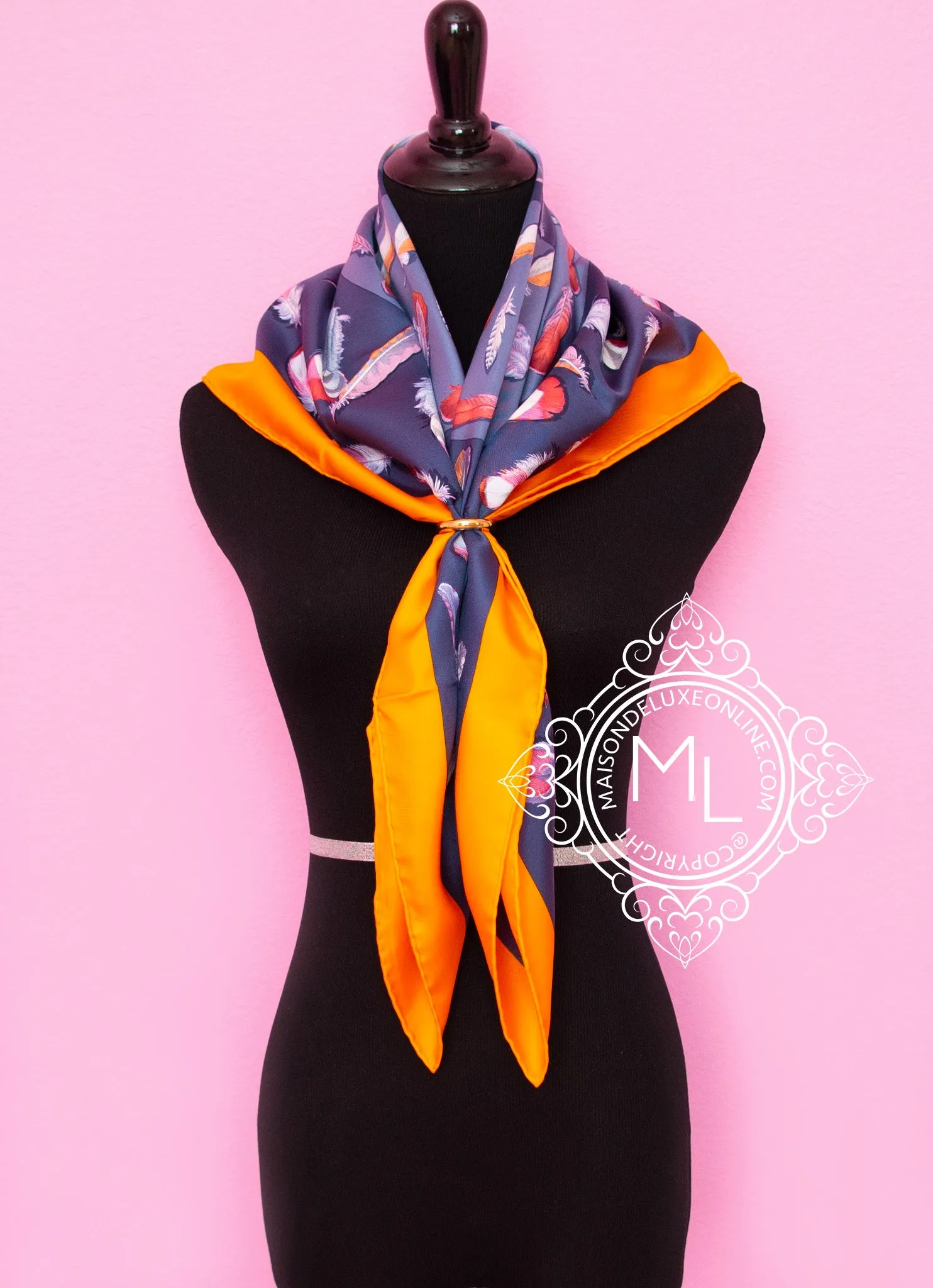 Hermes Gray Orange Twill Silk 90 cm The Plumes II Scarf