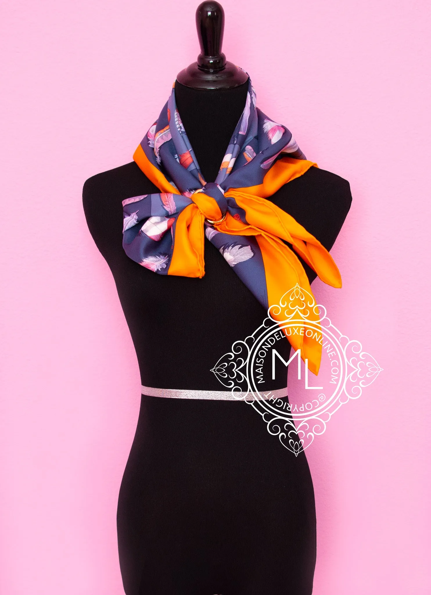 Hermes Gray Orange Twill Silk 90 cm The Plumes II Scarf