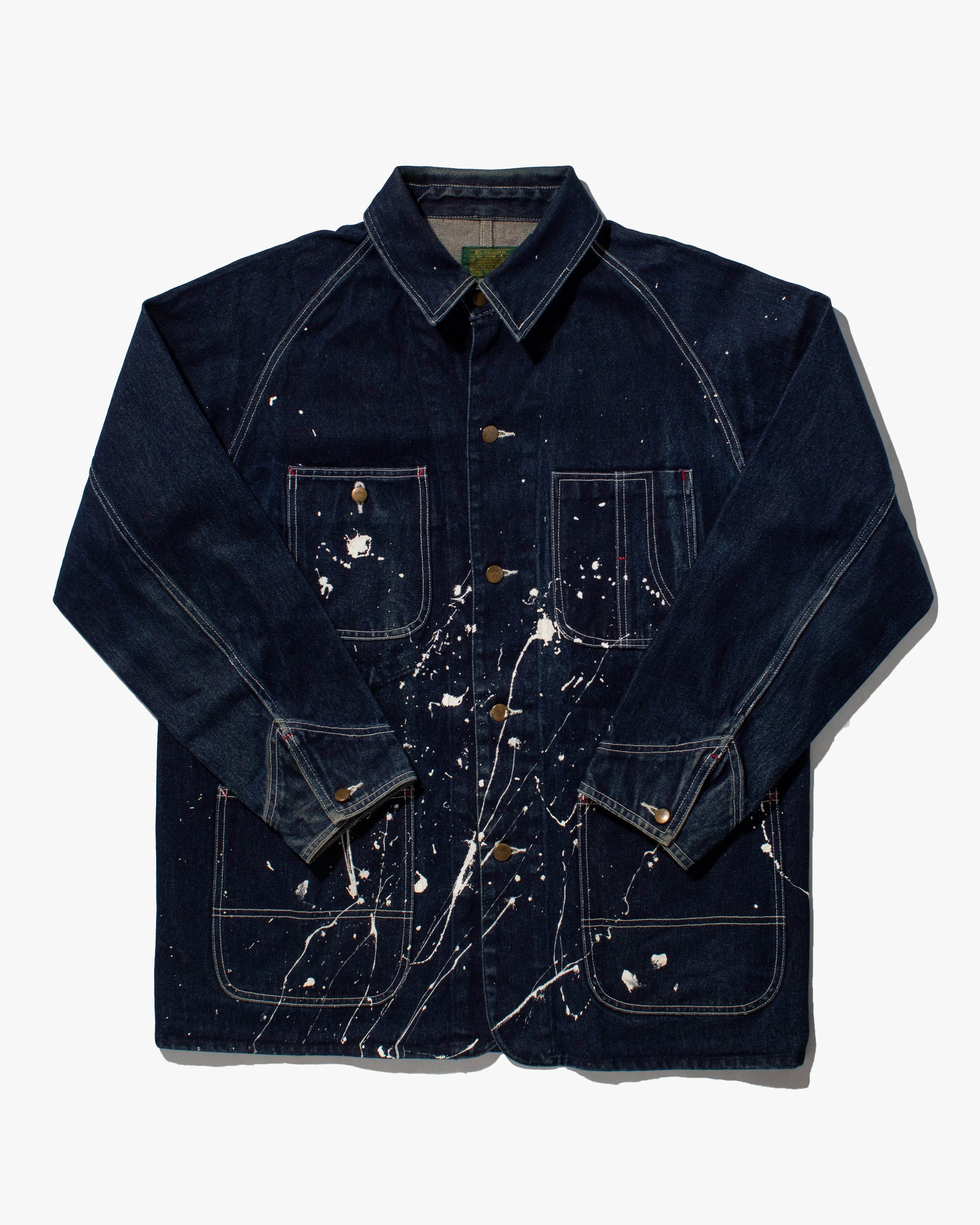 Japanese Repro Chore Coat, K's Collection Brand, Dark Denim with White Splatter - L