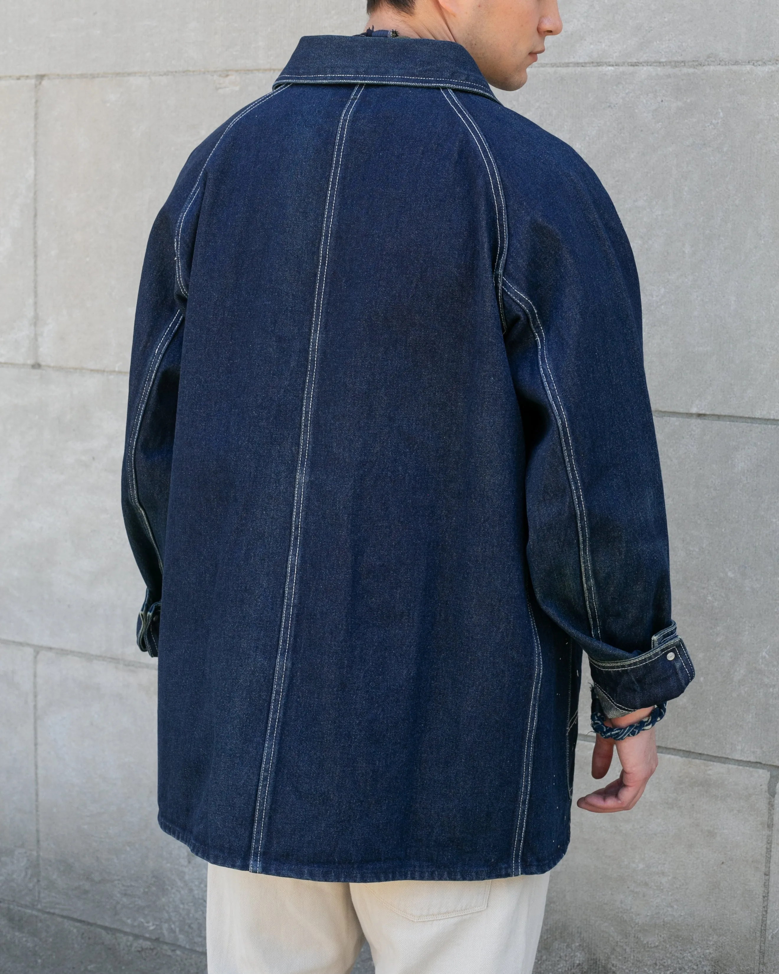 Japanese Repro Chore Coat, K's Collection Brand, Dark Denim with White Splatter - L