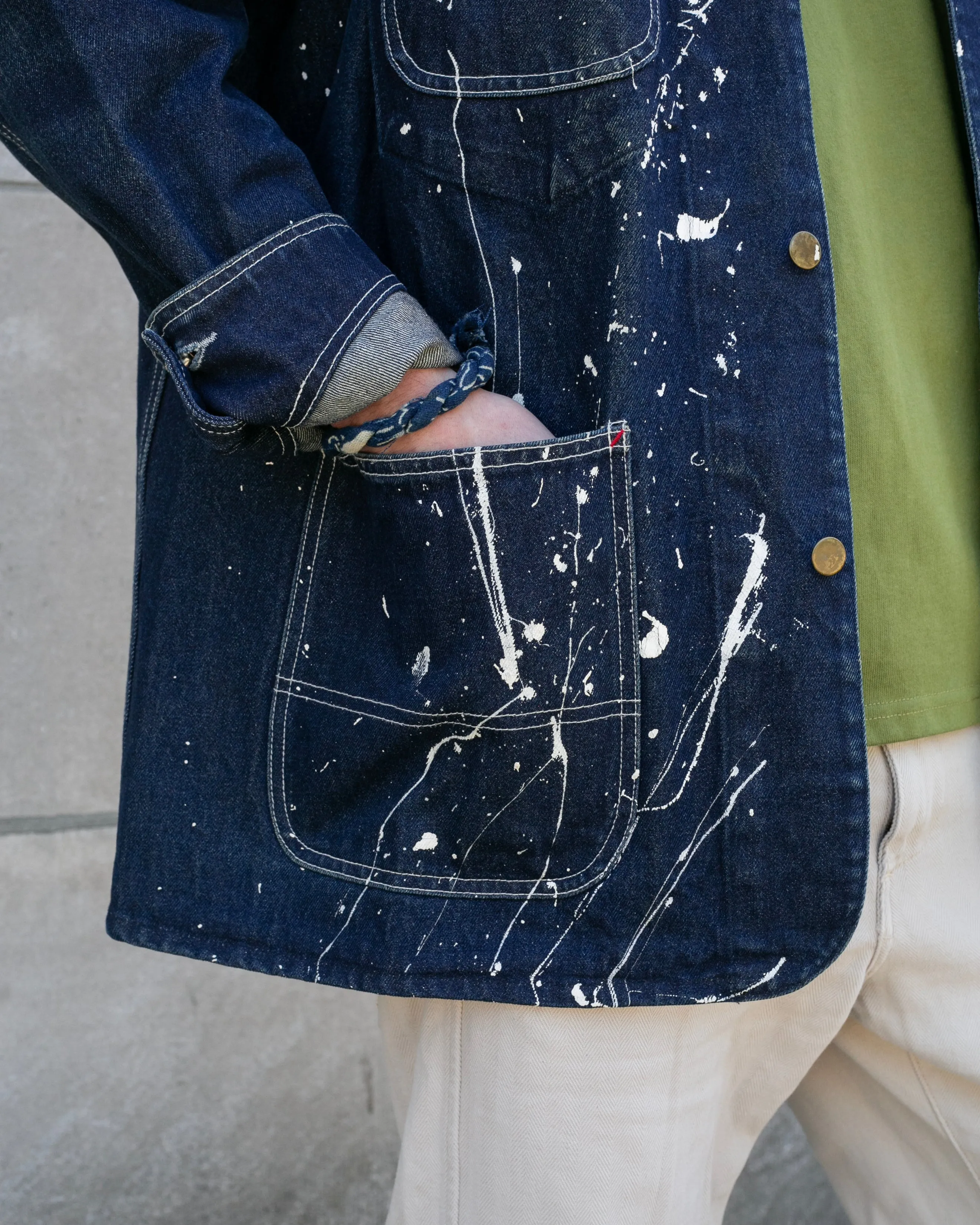 Japanese Repro Chore Coat, K's Collection Brand, Dark Denim with White Splatter - L