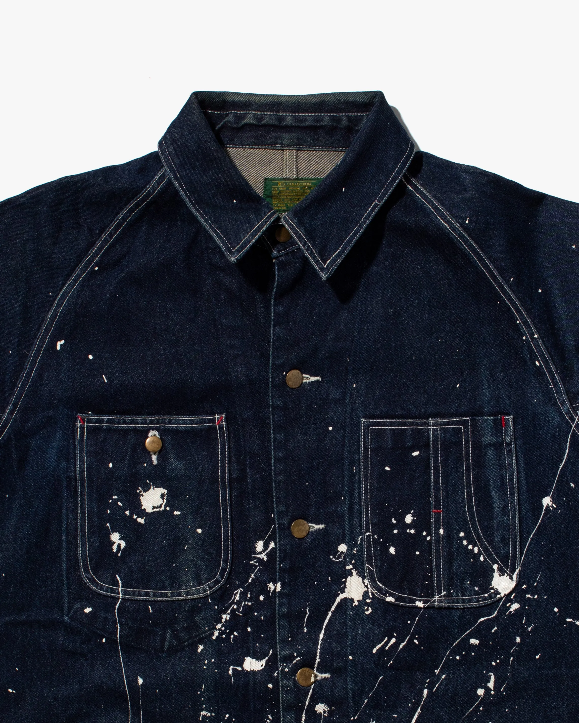 Japanese Repro Chore Coat, K's Collection Brand, Dark Denim with White Splatter - L