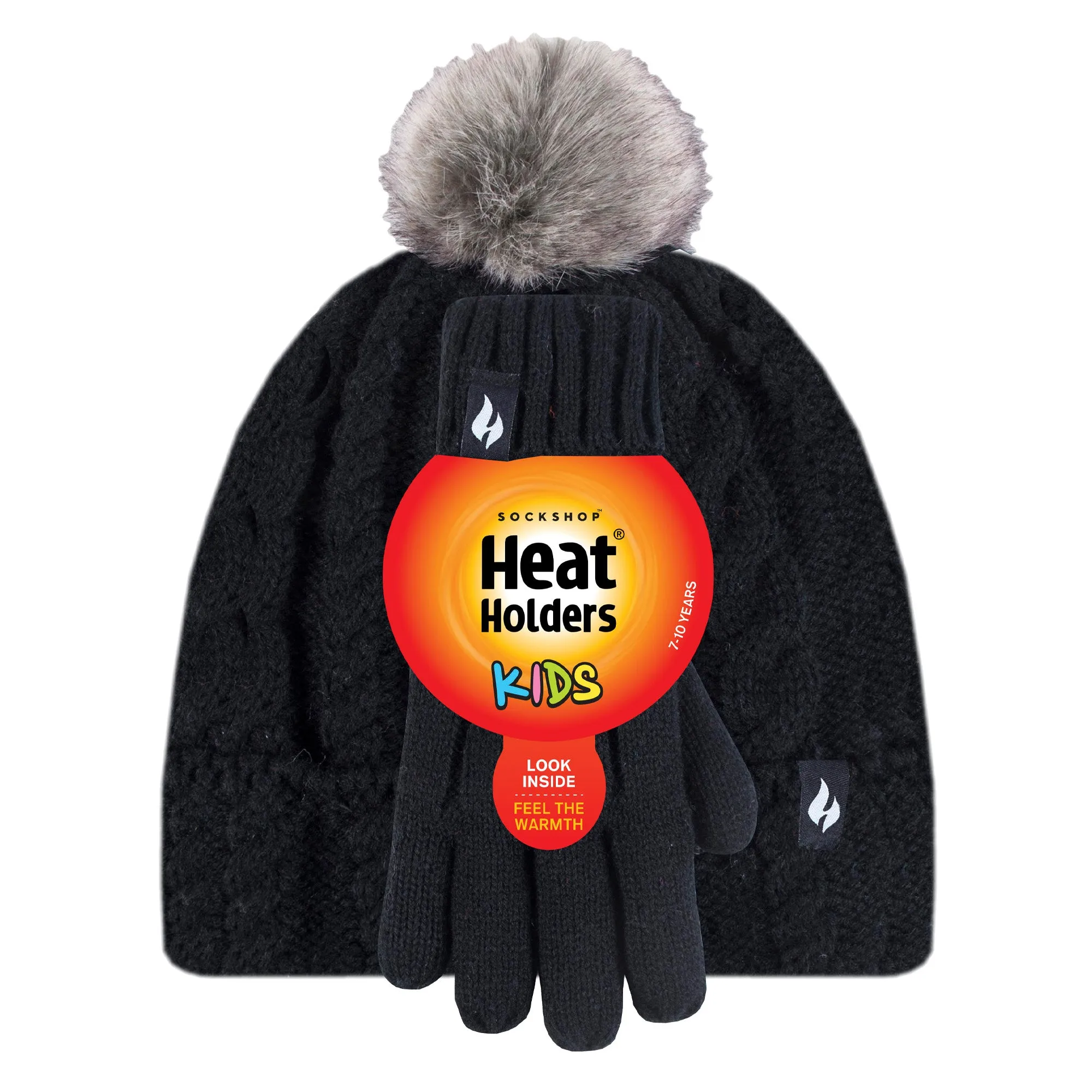 Kids Turn Over Pom Pom Hat & Gloves - Black