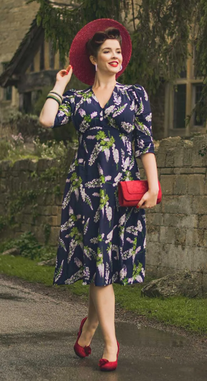 Lauren Dress in Navy Wisteria Print