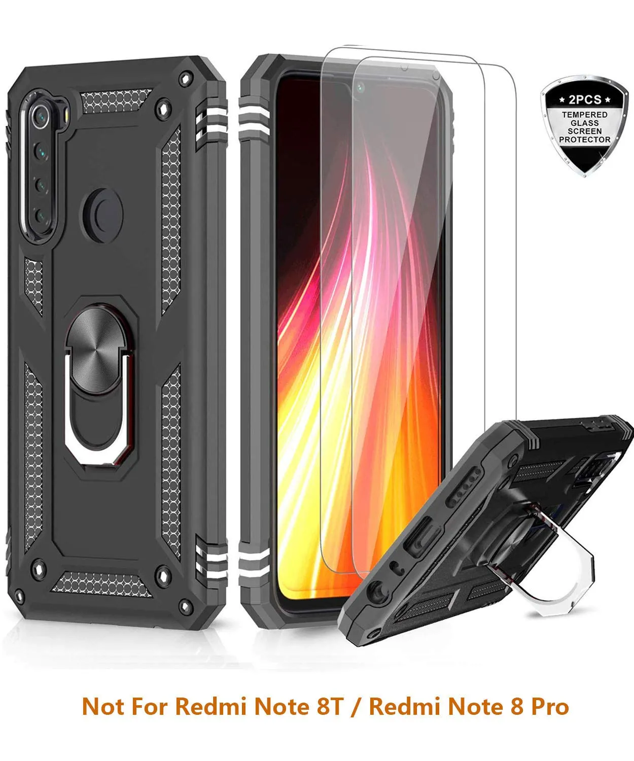 LeYi Xiaomi Redmi Note 8 Case with Tempered Glass Screen Protector(2 Pack),Magnetic Ring Holder [Military Grade] Protective Silicone TPU Shockproof