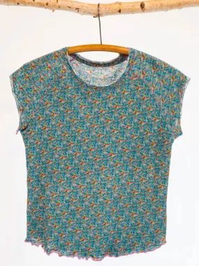 Lily Cotton Short Sleeve Tee Shirt - Turquoise Pink Floral