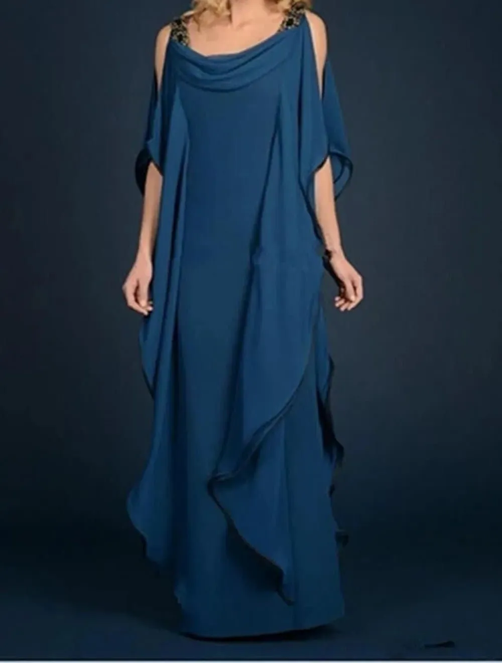 Long Chiffon Evening Gown with Half Sleeves, Floor-Length A-Line Silhouette