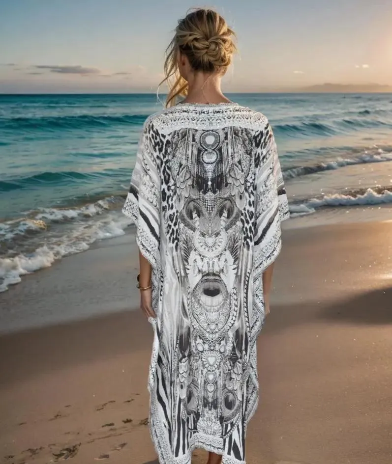 Long Silk Embellished Kaftan - Safari Grey