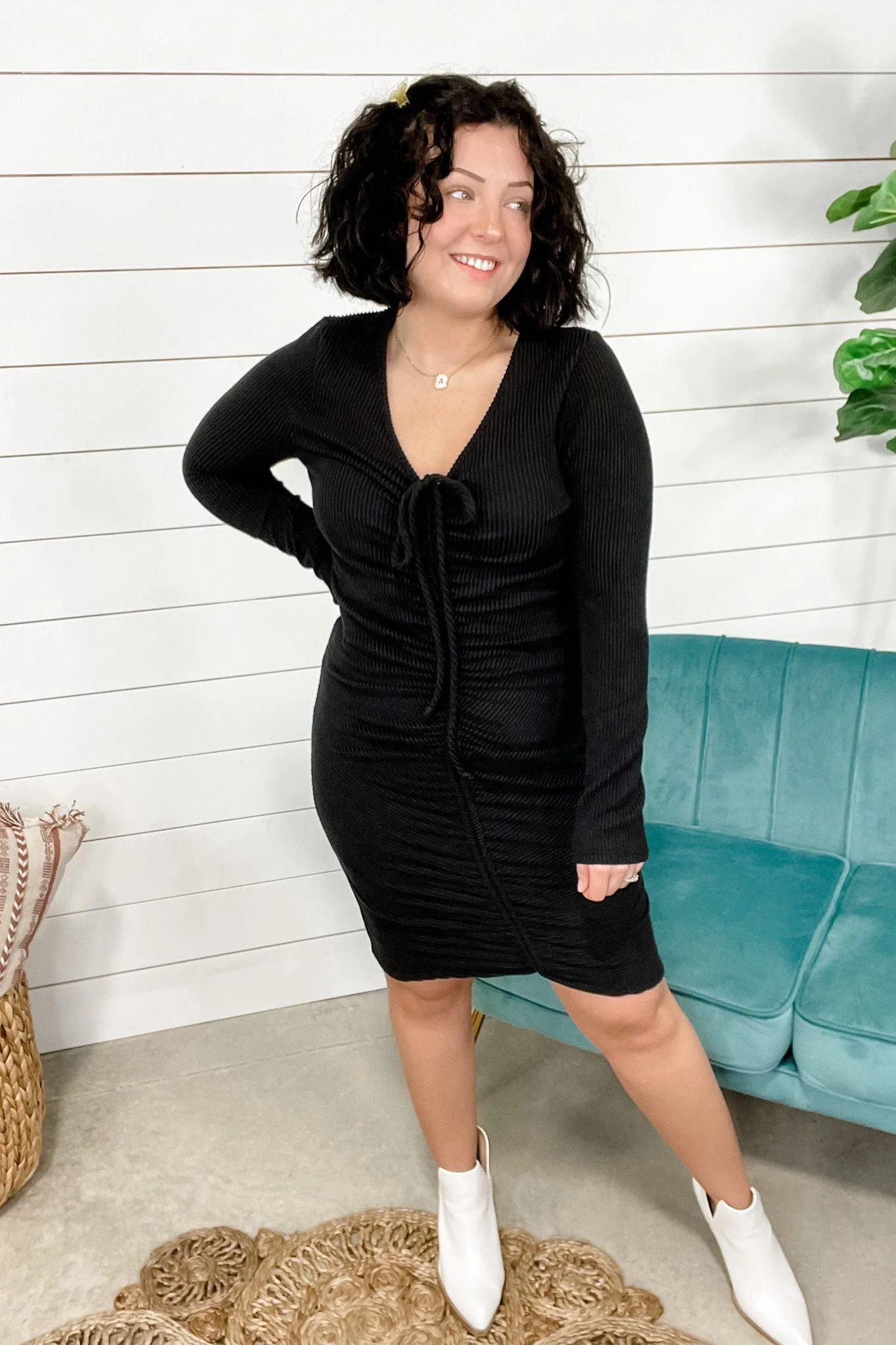 Lost In The Moment- Black Long Sleeve V-Neck Ribbed Dress w/ Ruching Detail