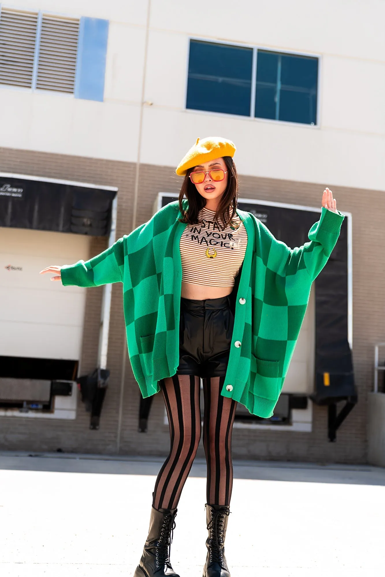 Love You Oversized Checkerboard Cardigan in Green Girl