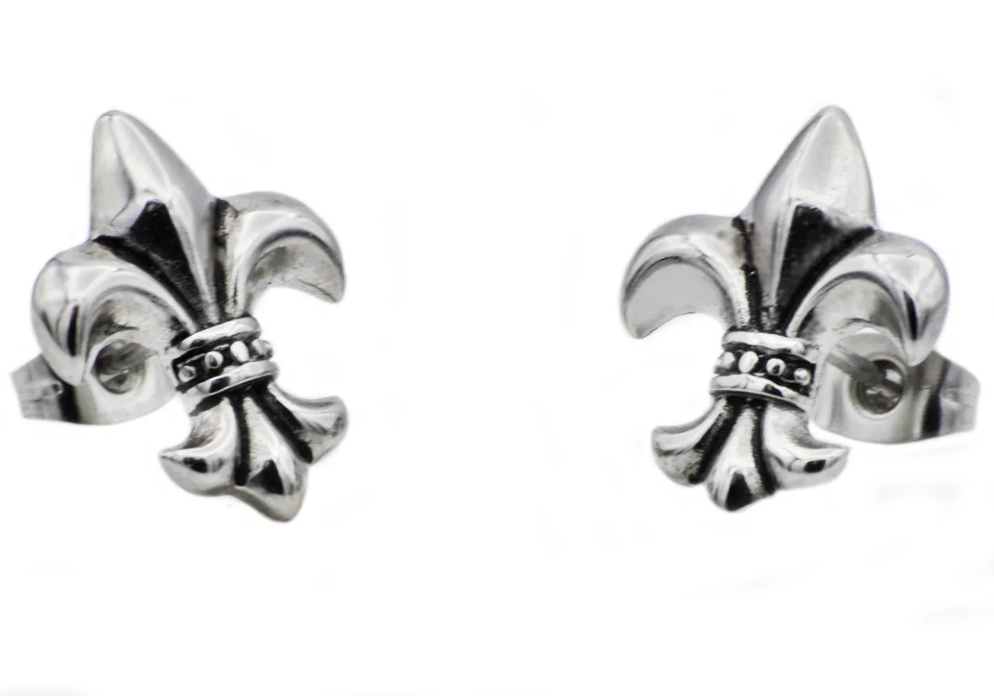 Mens 14mm Stainless Steel Fleur De Lis Stud Earrings