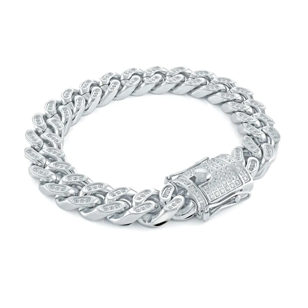 MEN'S STAINLESS STEEL CUBAN LINK BRACELET WITH CUBIC ZIRCONIA, 14MM WIDE