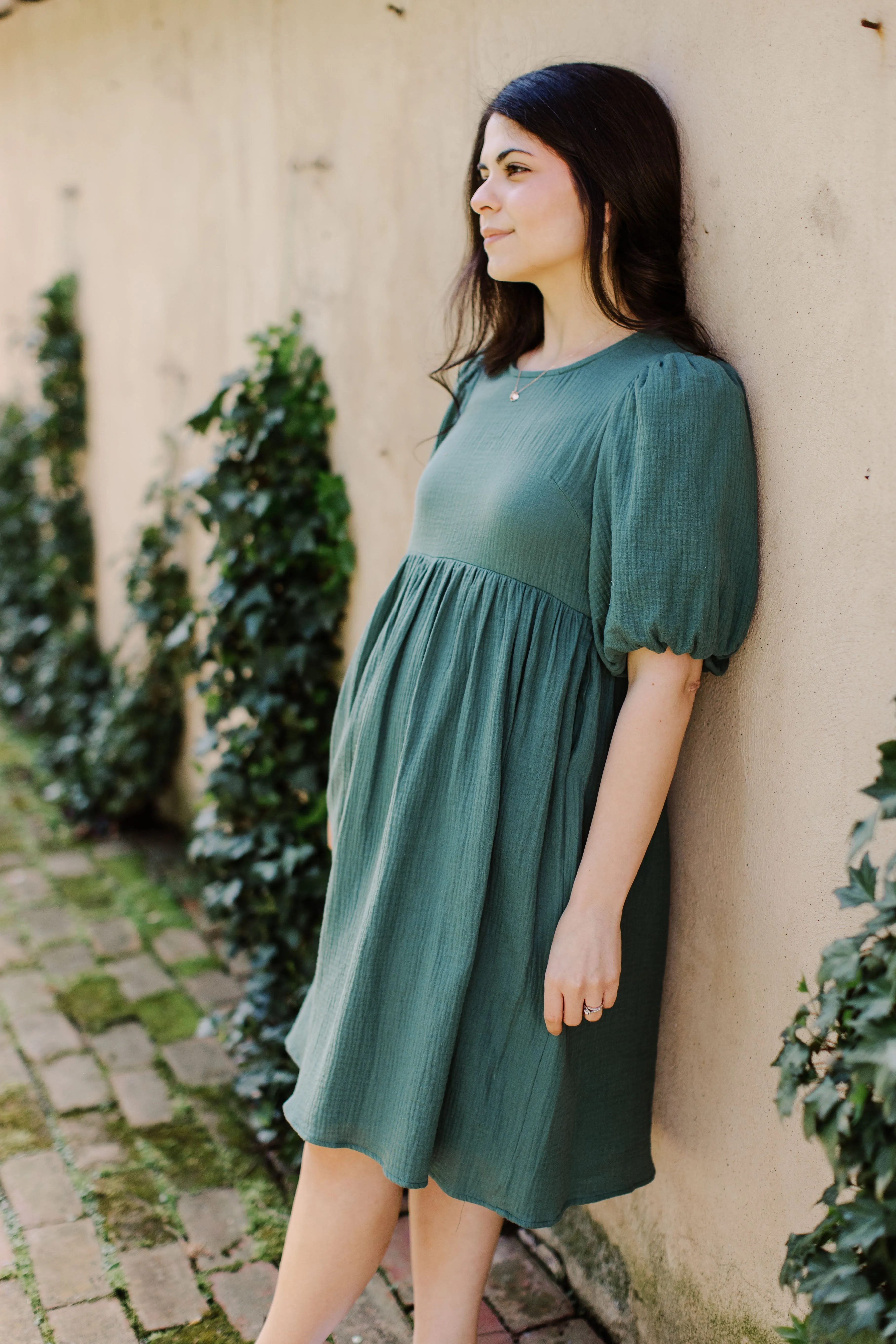 'Michaela' Puff Sleeve Cotton Gauze Petite Length Dress in Jade FINAL SALE