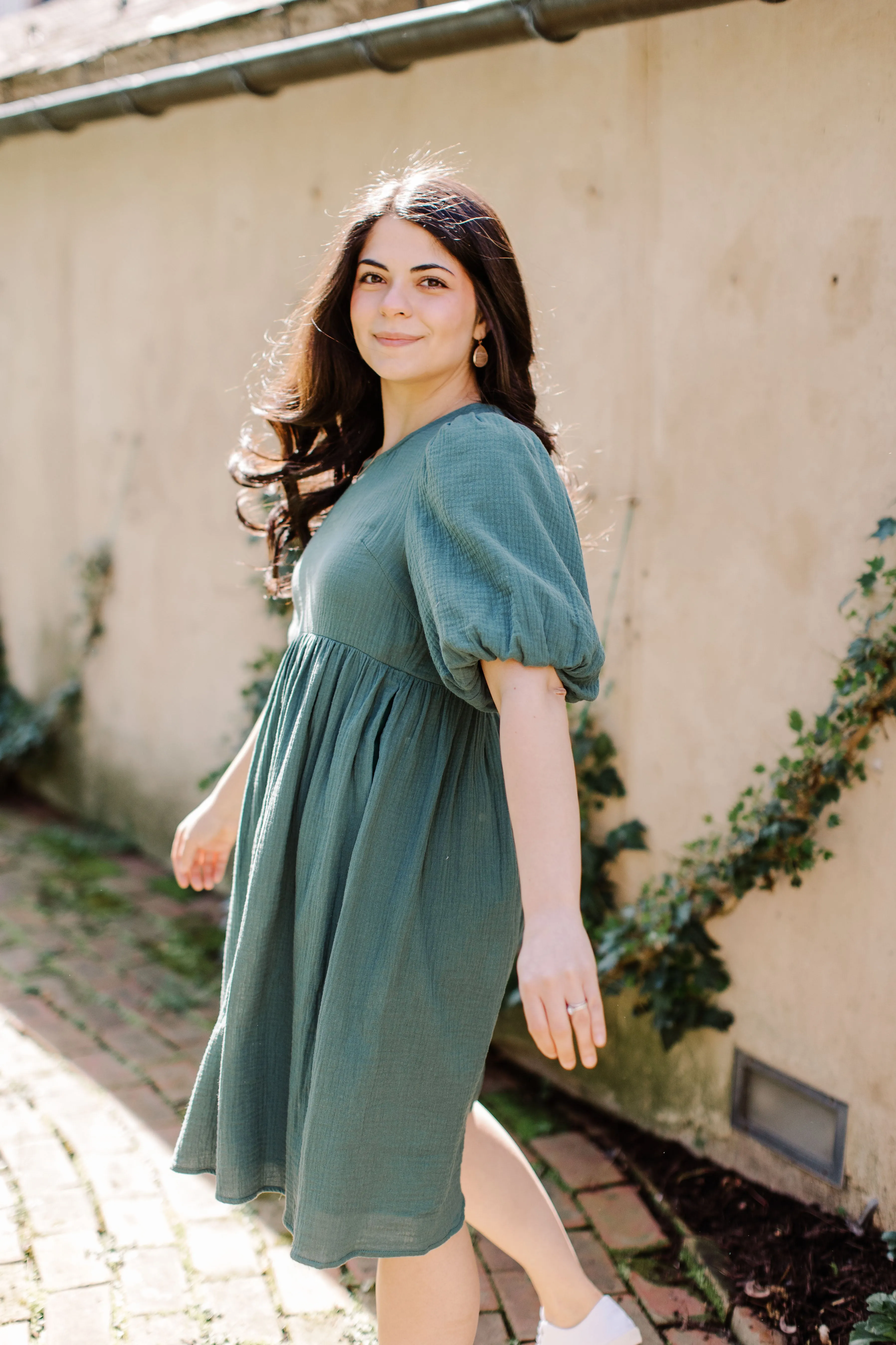 'Michaela' Puff Sleeve Cotton Gauze Petite Length Dress in Jade FINAL SALE