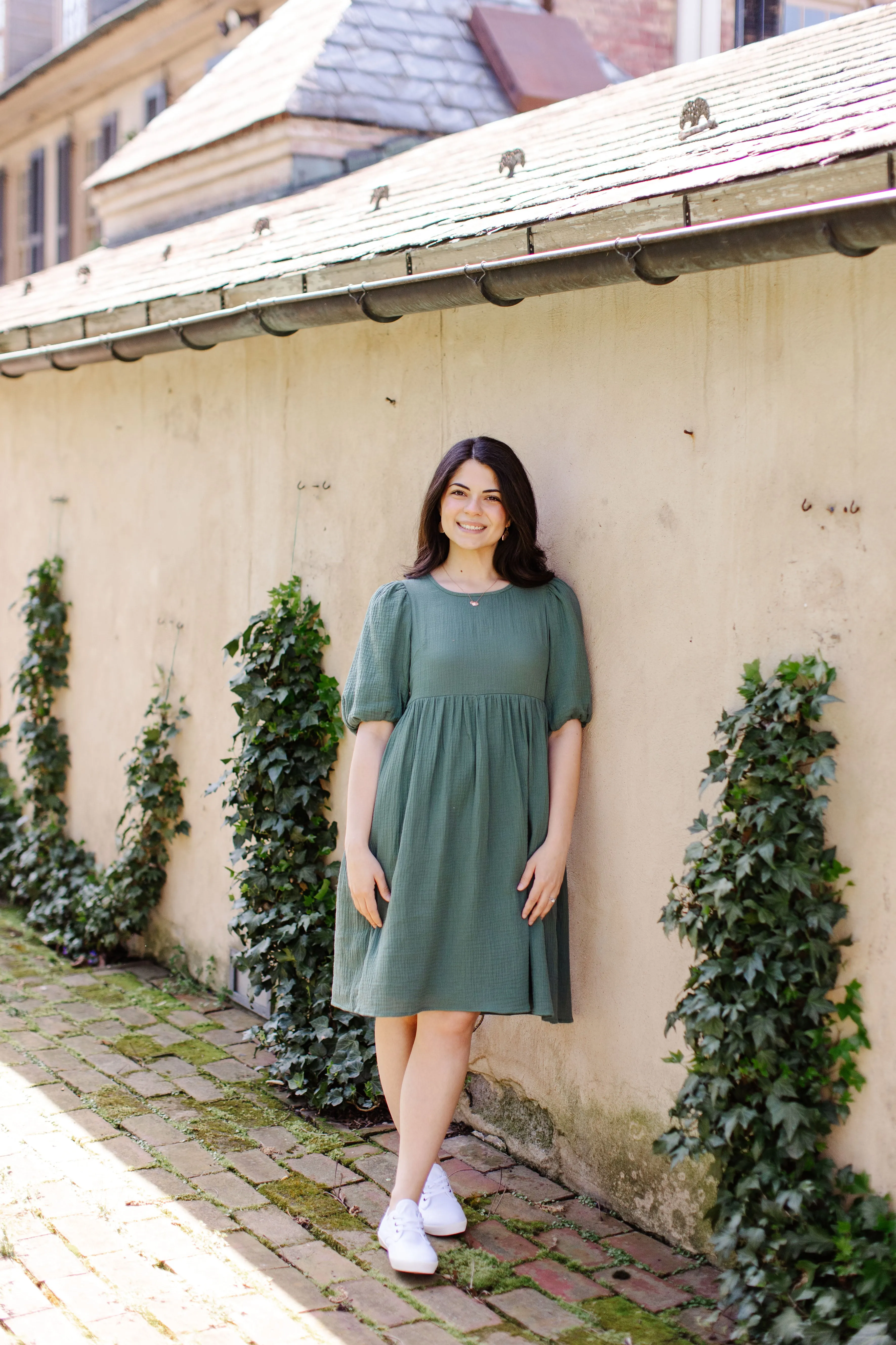 'Michaela' Puff Sleeve Cotton Gauze Petite Length Dress in Jade FINAL SALE