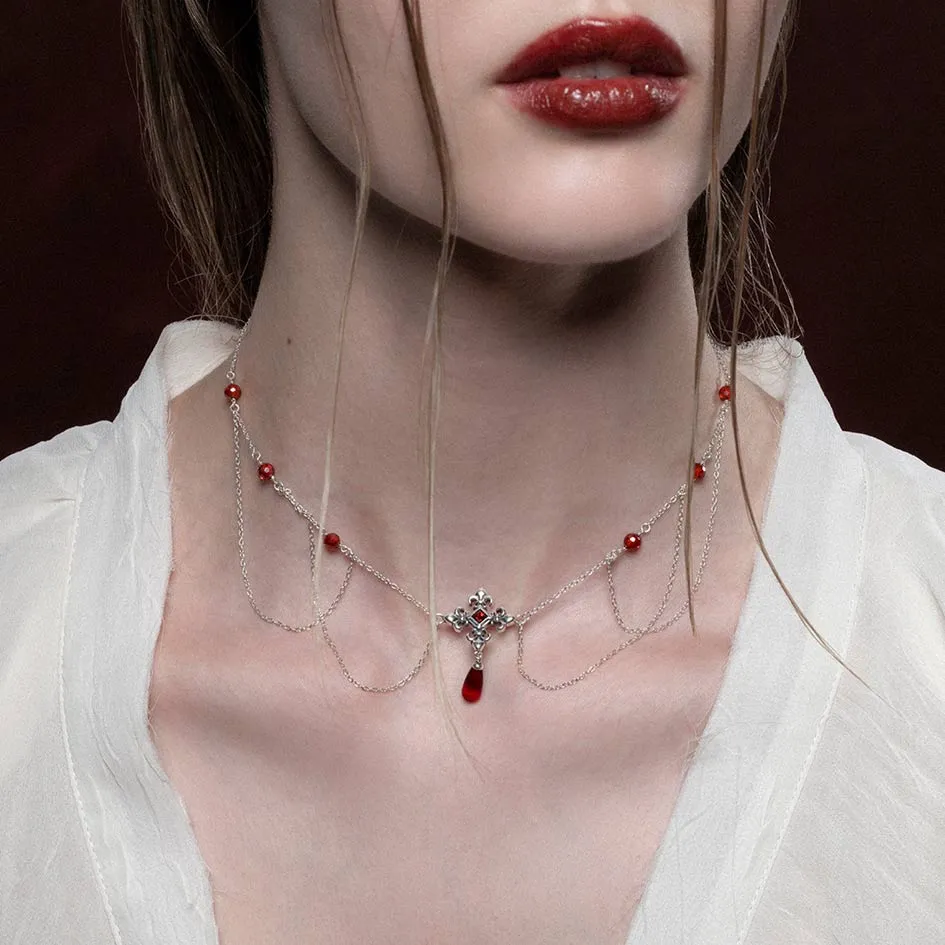 MUTINY. Fleur de Lis Multi-Drop Garnet Collar - Silver