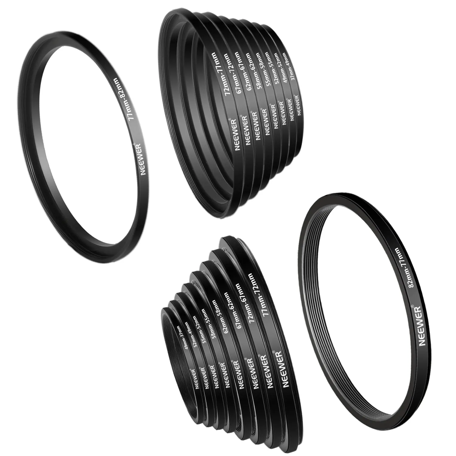 NEEWER 18 Pieces Metal Camera Lens Filter Adapter Ring Kit