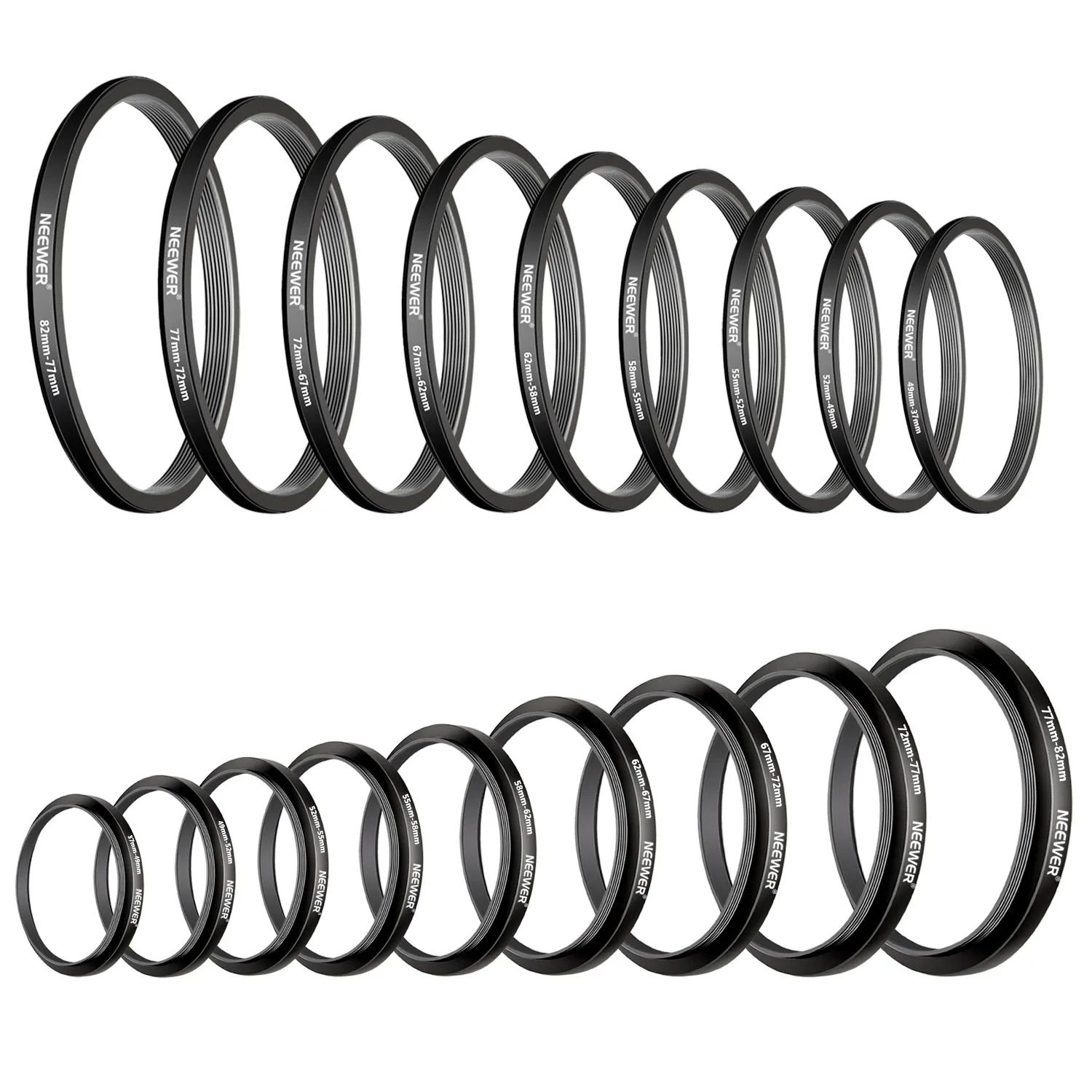 NEEWER 18 Pieces Metal Camera Lens Filter Adapter Ring Kit