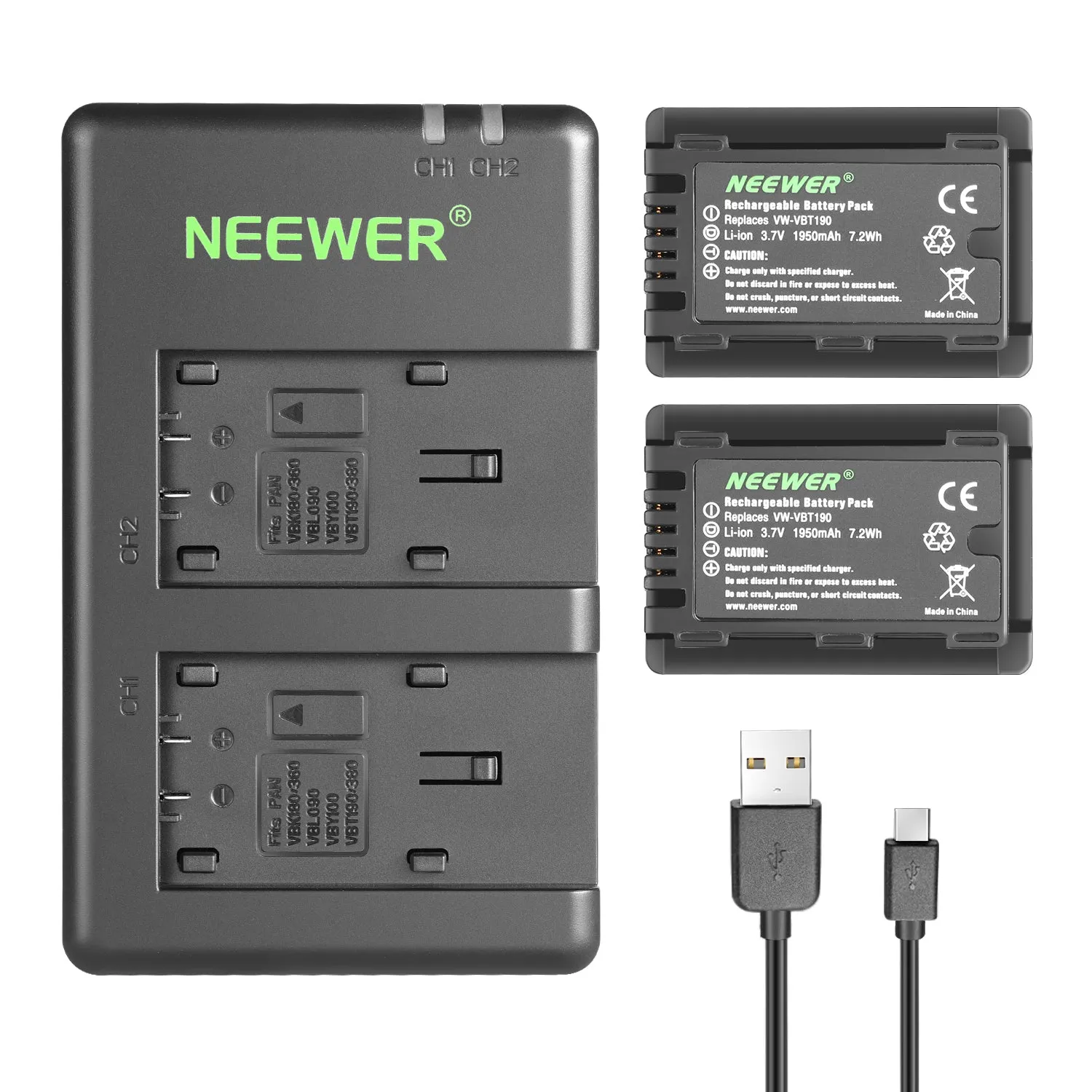 NEEWER 2-Pack Panasonic VW-VBT190 Battery Charger Set