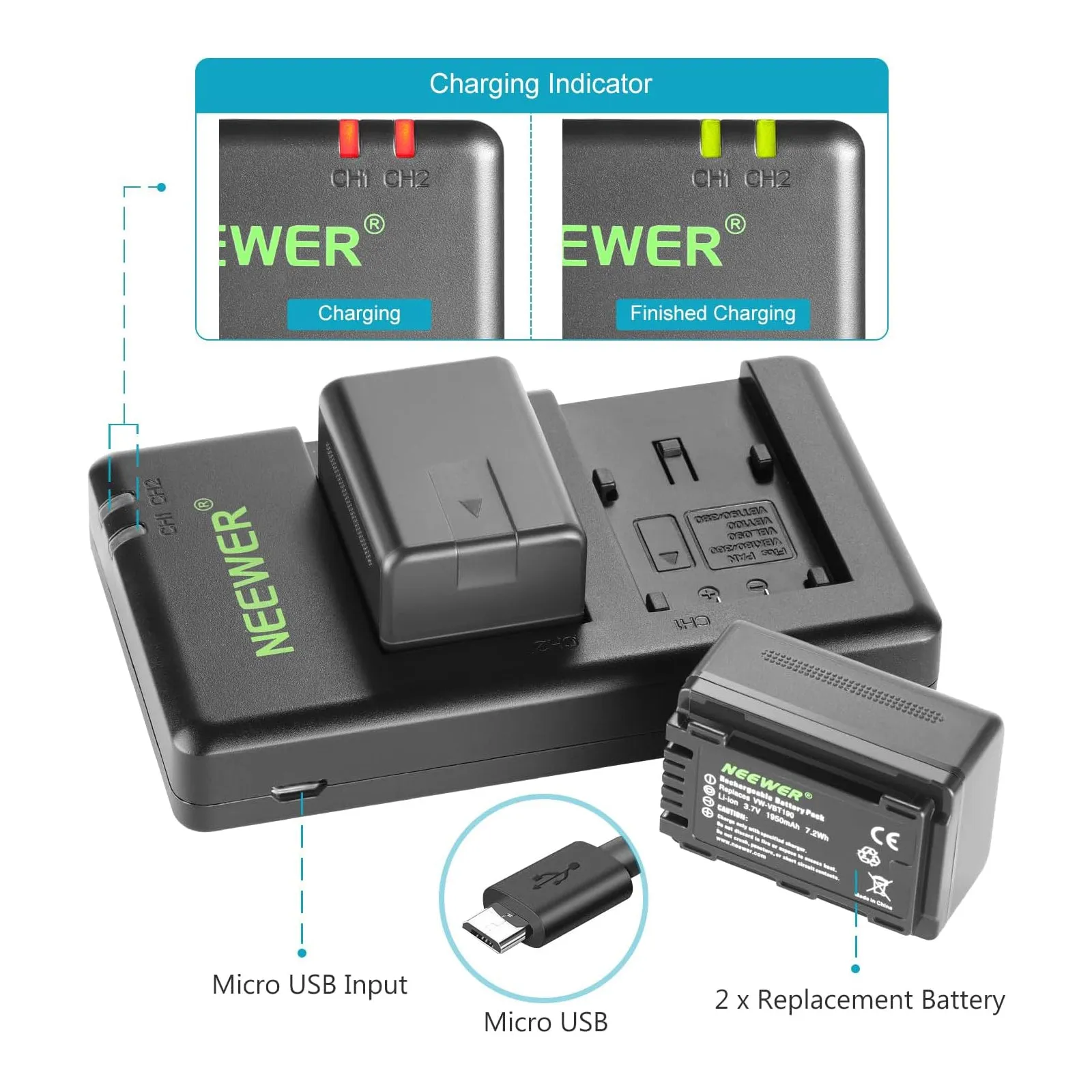 NEEWER 2-Pack Panasonic VW-VBT190 Battery Charger Set