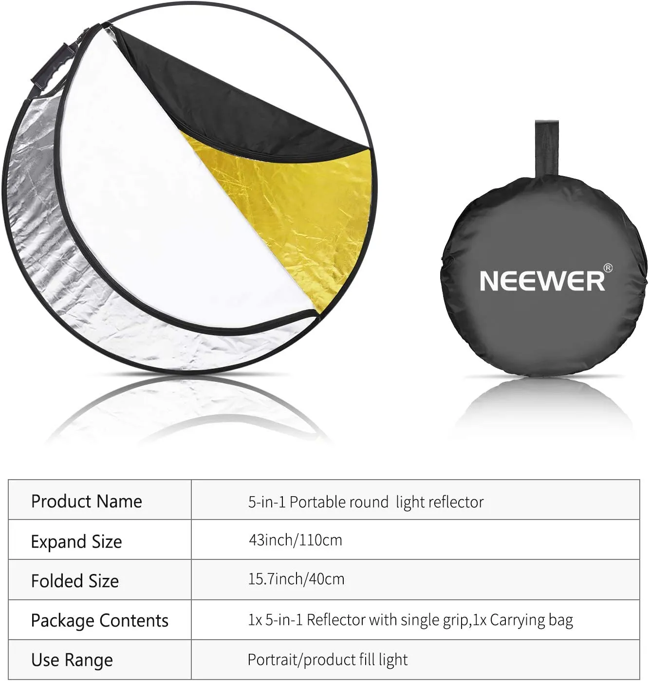 NEEWER 5-in-1 80/110CM Collapsible Round Light Reflector With Grip