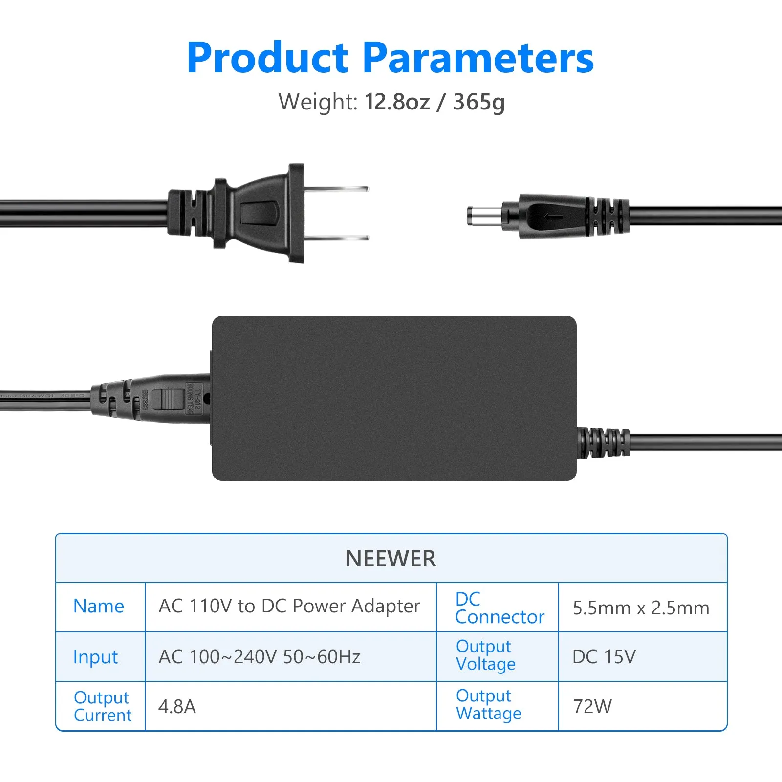 NEEWER AC 110V to DC 15V Power Adapter for Ring Light