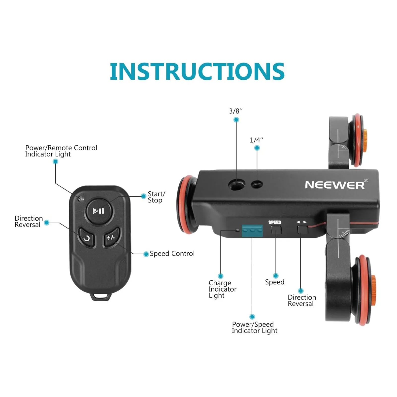 NEEWER DL100 3-Wheels 3-Speed Wireless Video Camera Dolly with Remote Control