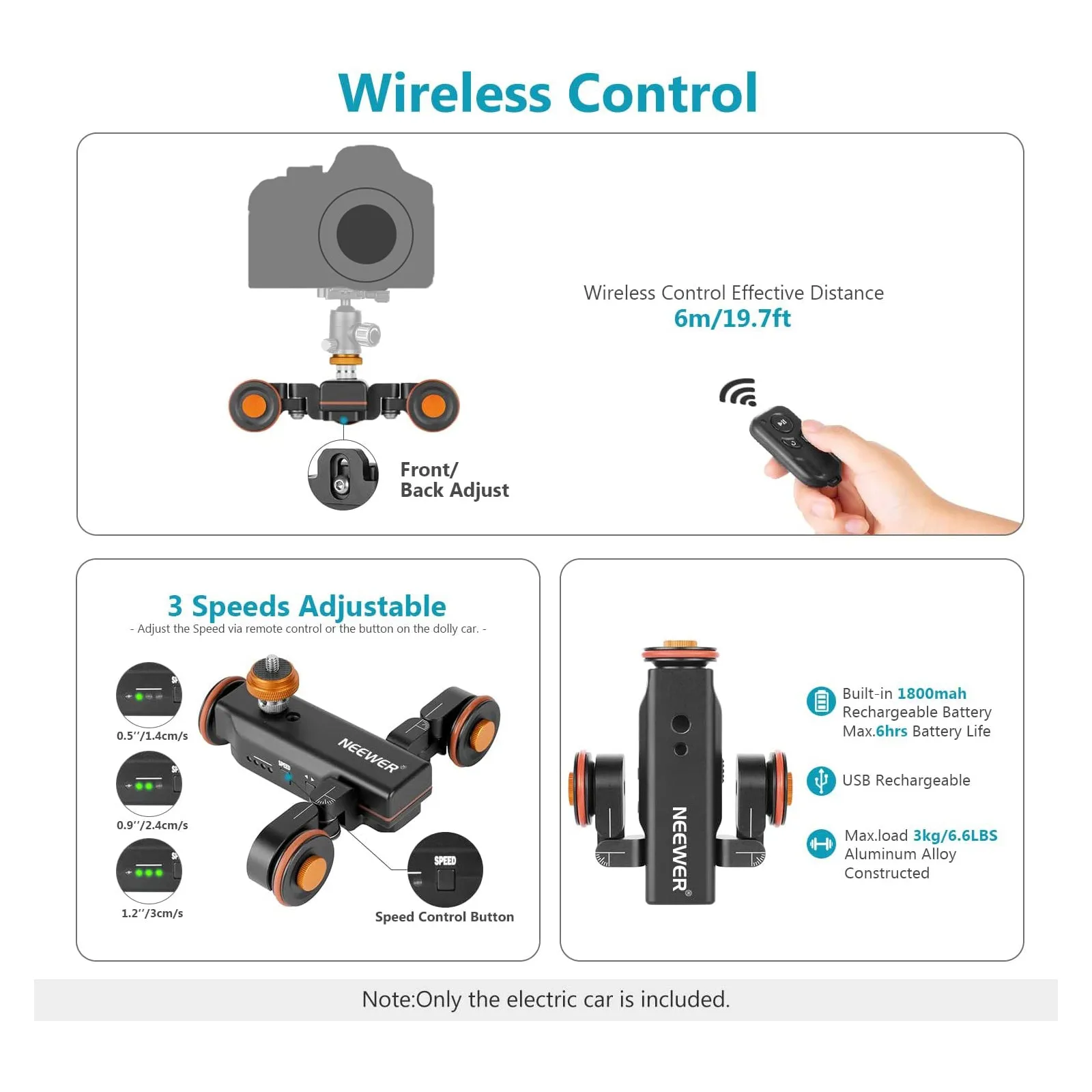 NEEWER DL100 3-Wheels 3-Speed Wireless Video Camera Dolly with Remote Control