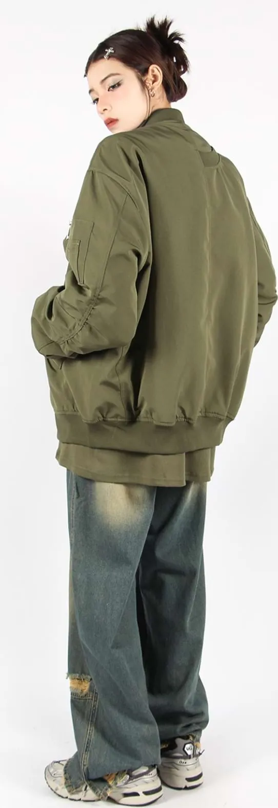 Oversized Bomber Jacket with Sleeve Pocket