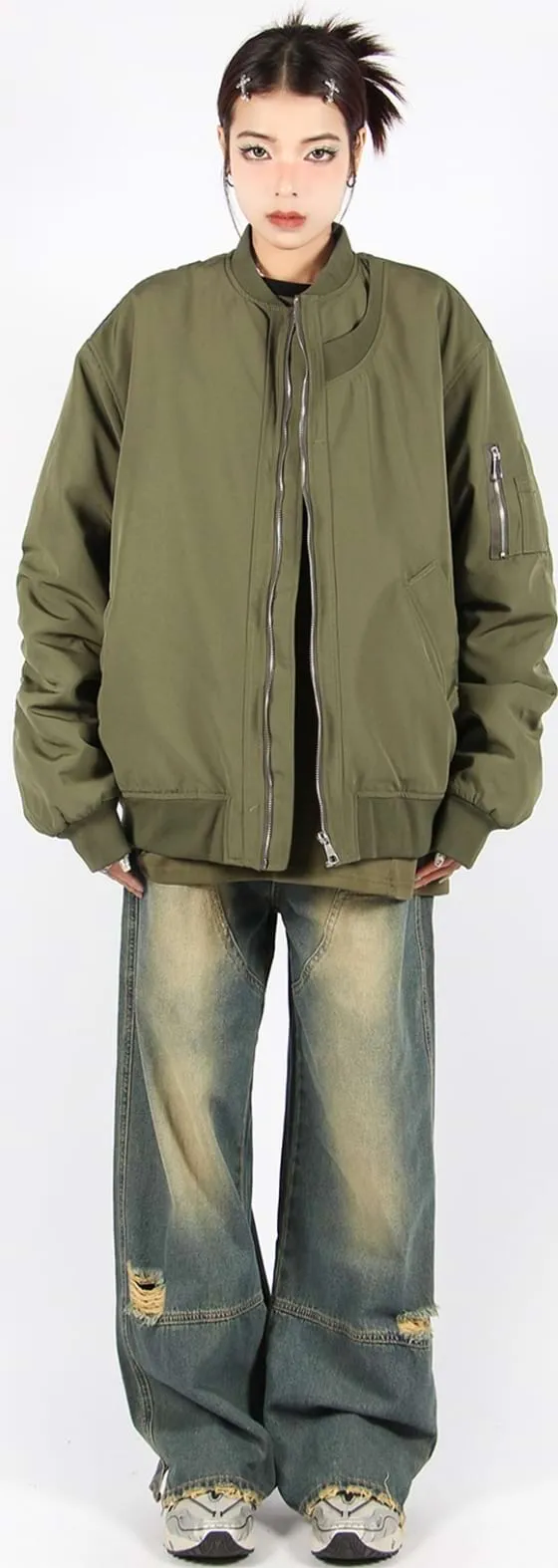 Oversized Bomber Jacket with Sleeve Pocket