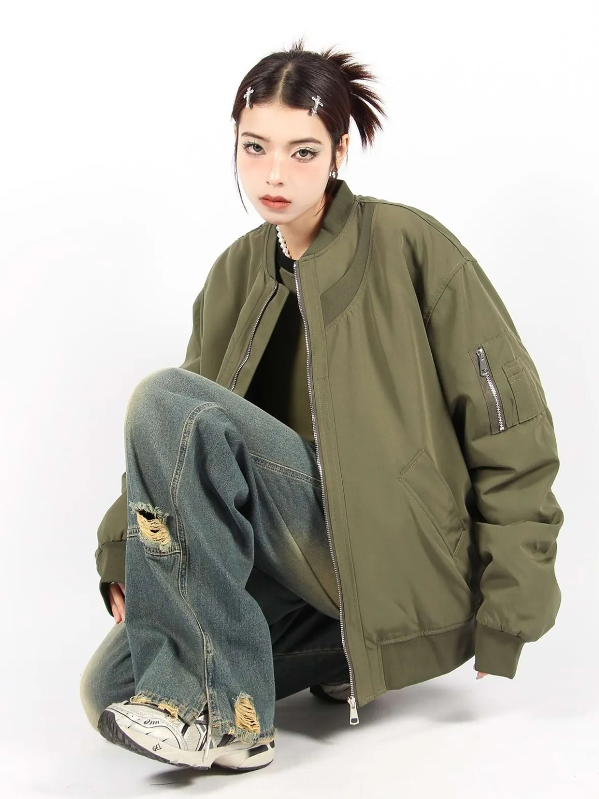 Oversized Bomber Jacket with Sleeve Pocket