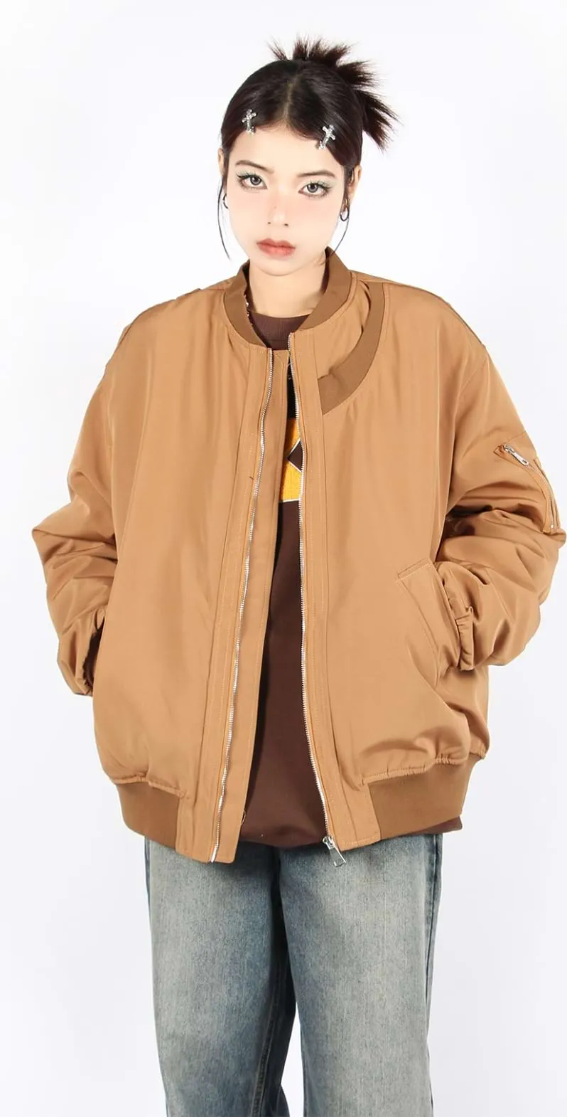 Oversized Bomber Jacket with Sleeve Pocket