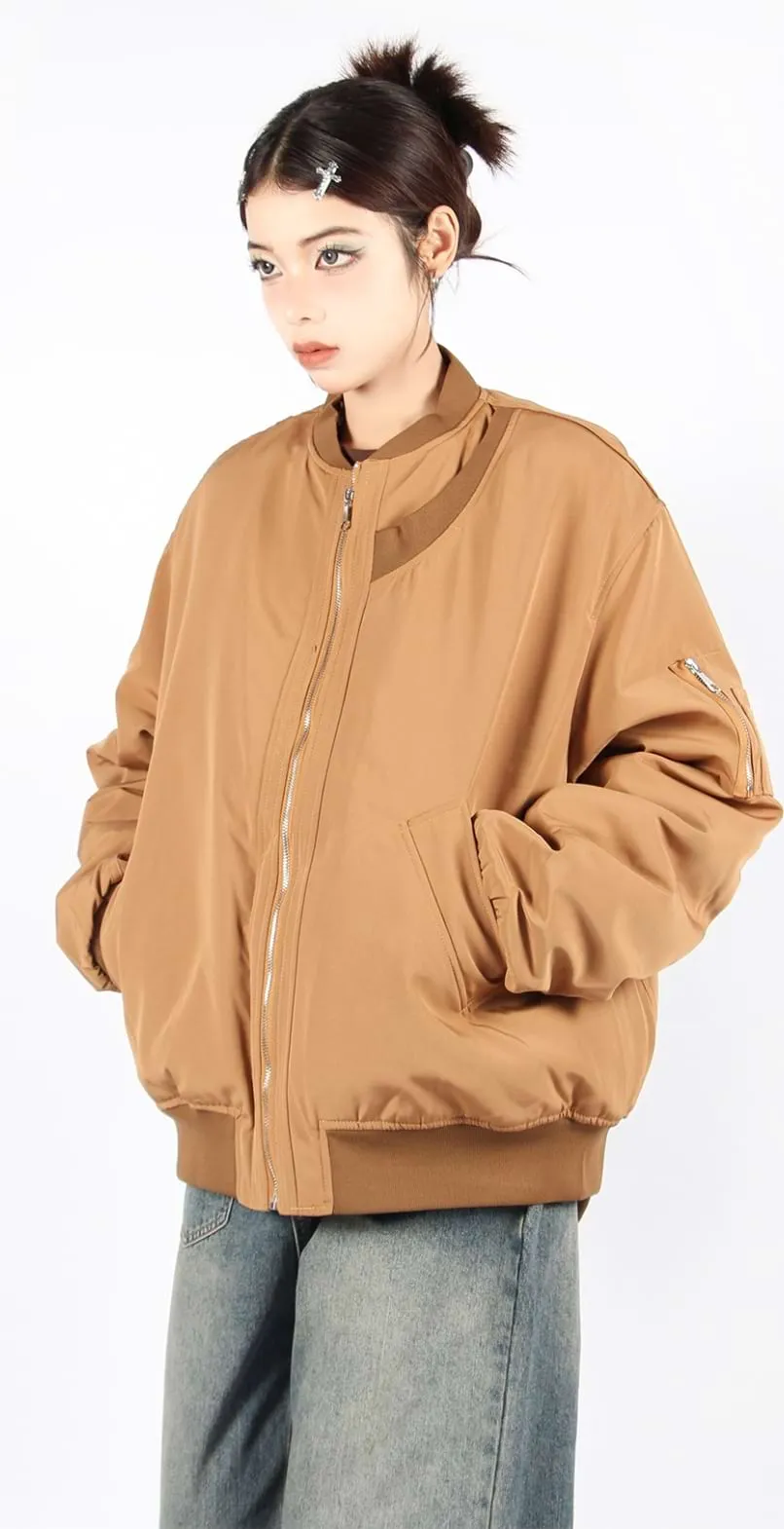 Oversized Bomber Jacket with Sleeve Pocket