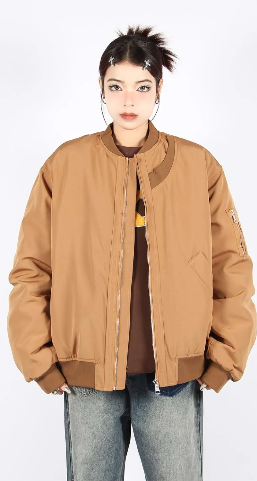 Oversized Bomber Jacket with Sleeve Pocket