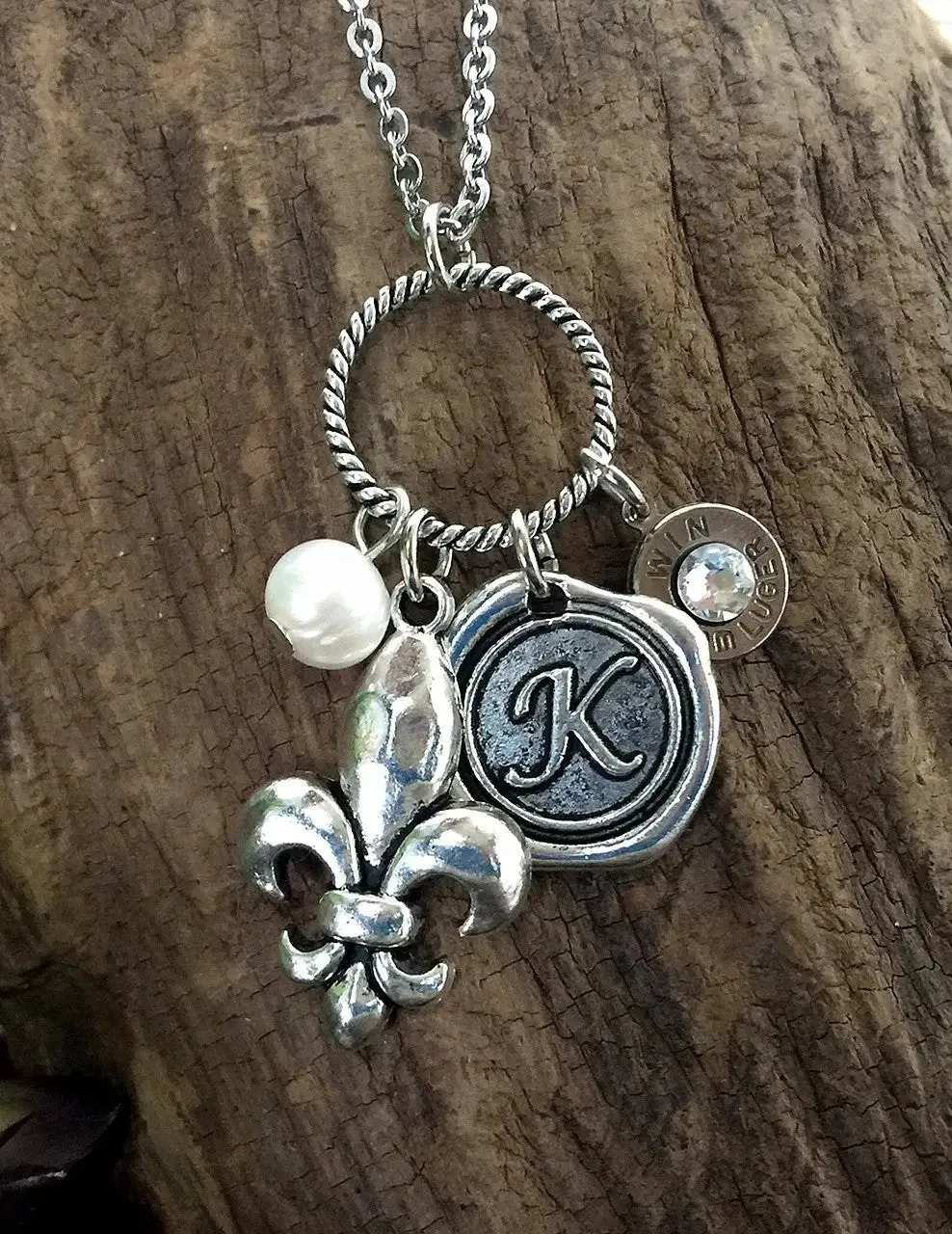 Personalized 9mm Bullet Initial Charm Necklace FLeur De Lis