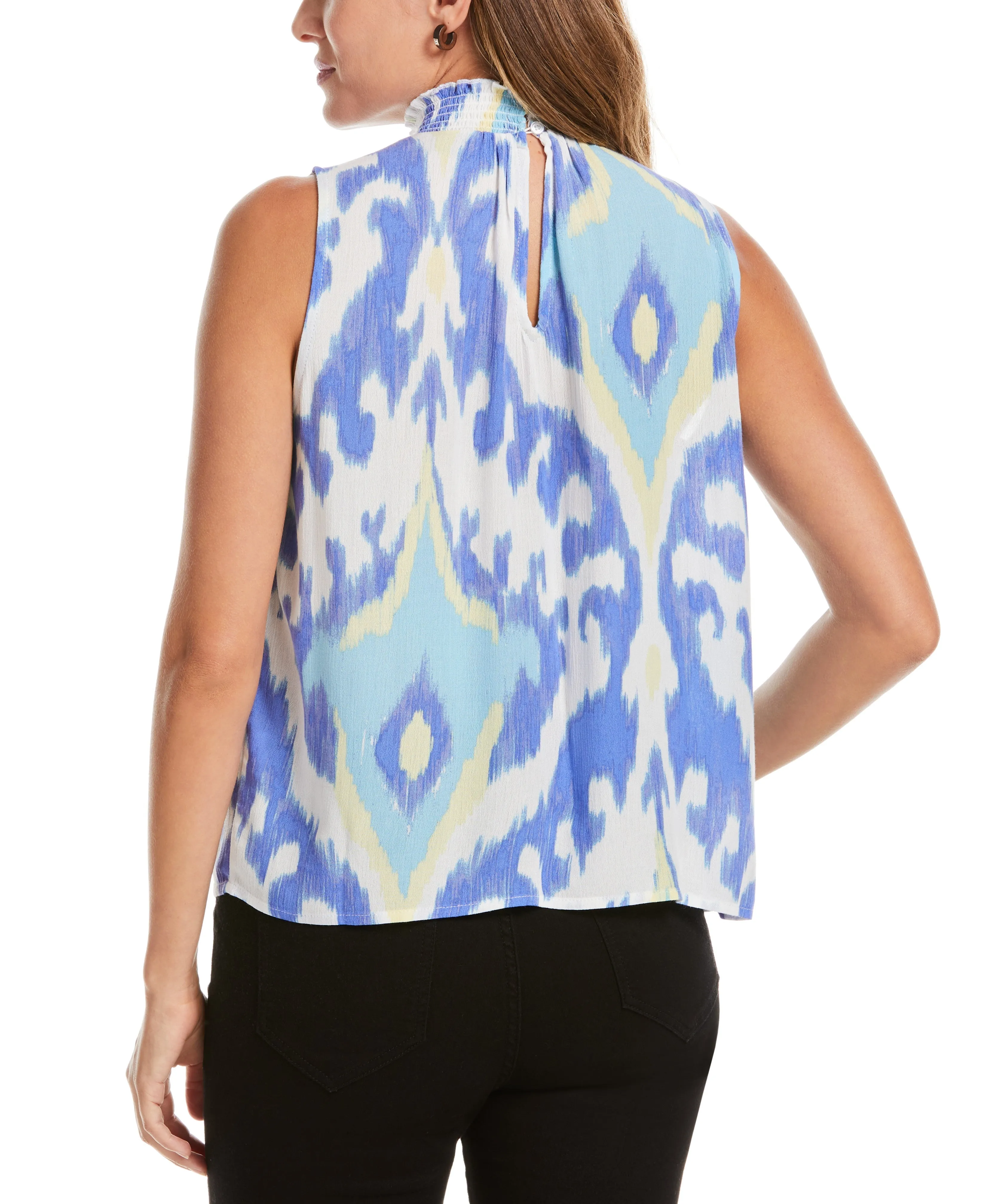 Petite Ikat Print Smocked Neck Top