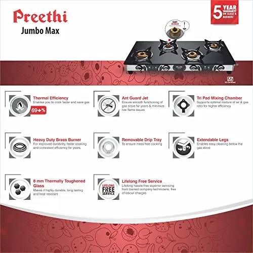 Preethi Blu-Flame Stainless Steel Jumbo Max Glass Top LPG Gas Stove with 4 Burner (ISI Certified), GTS 118