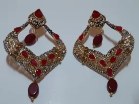 Red stones Spade Style Earrings with Gold-plated Base